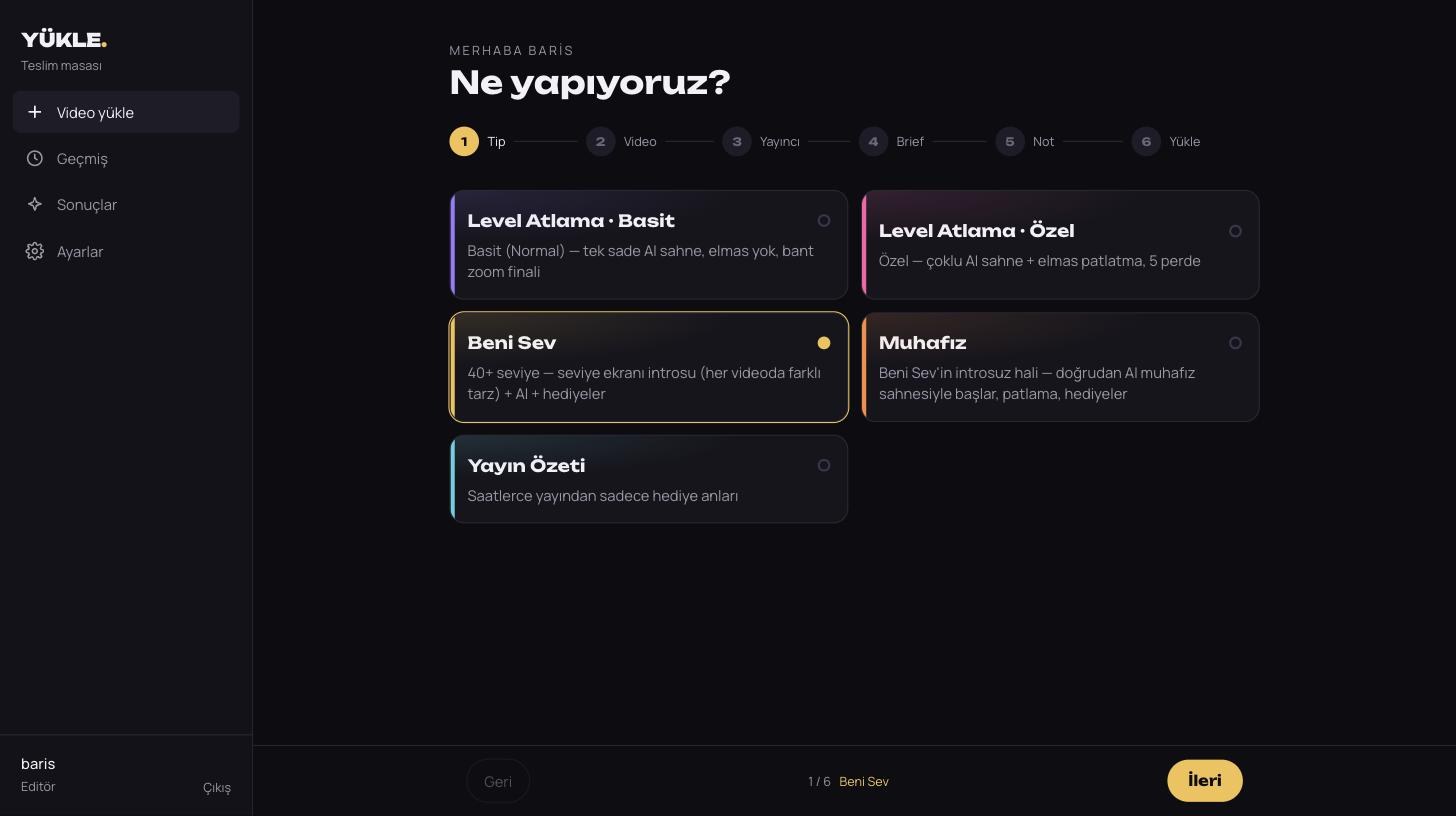 LiveUp Edit teslim paneli, format seçimi adımı
